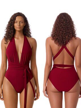 150.🆕Med  Deep V Neck Crisscross Back Self Tie Red Swimsuit NWOT